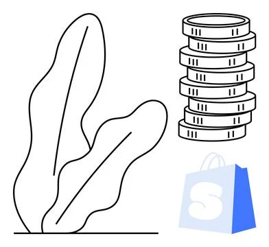 Stack of Coins with Shopping Bag and Abstract Plant Representing Financial .. Stock Illustration