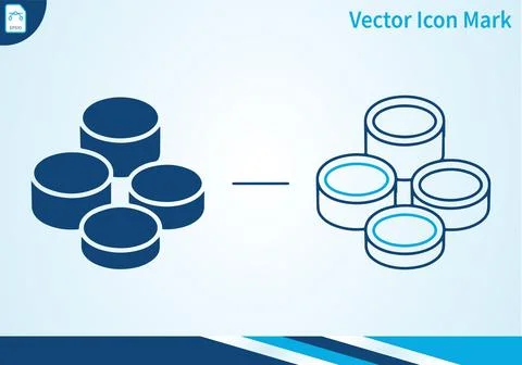 Stack of coins in solid blue and outline style a vector icon mark. Ilustración de archivo