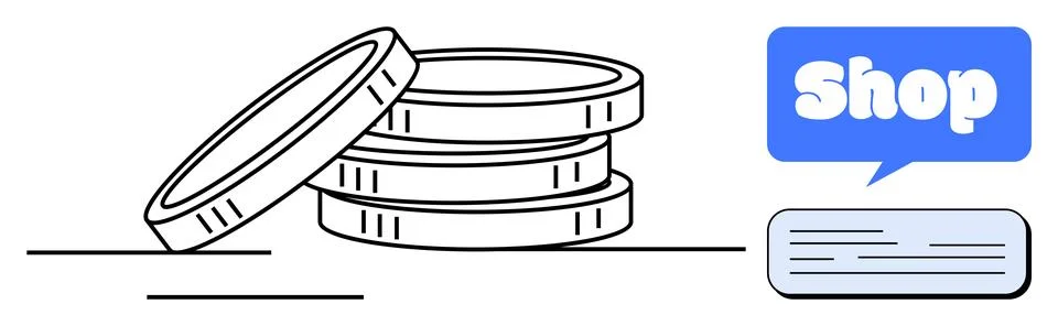 Stack of Coins with Speech Bubble Saying Shop and Text in Linear Art Style Stock Illustration