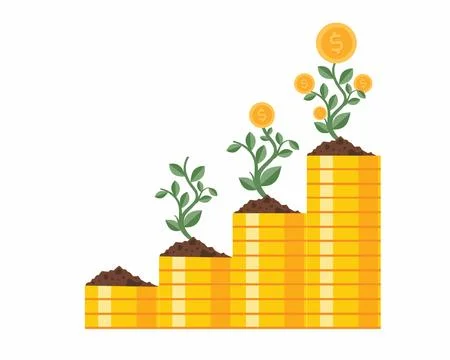 Stack of coins with sprouts saving growth growing financial or investment growth Stock Illustration
