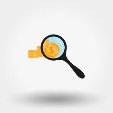 Stack of coins under magnifying glass. Icon. Vector. Flat. Illustrazione stock