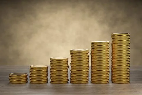 Stack of coins on a wooden table. Financial planning, stock trading. 3d rende Stock Illustration