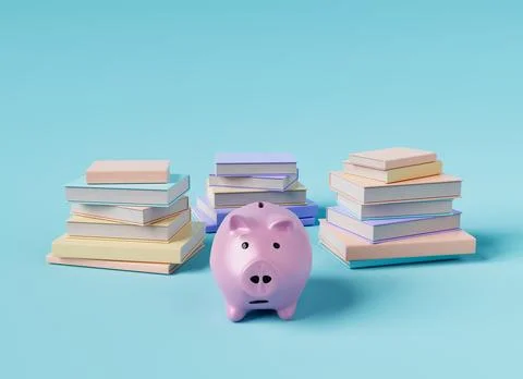 Stack of college books and savings in ceramic piggy bank concept Stock Illustration