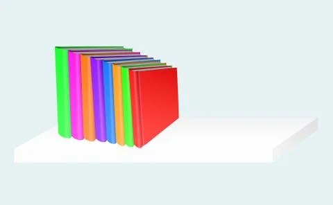 Stack of color books on white shelf on gray background, 3d illustration Illustrazione stock
