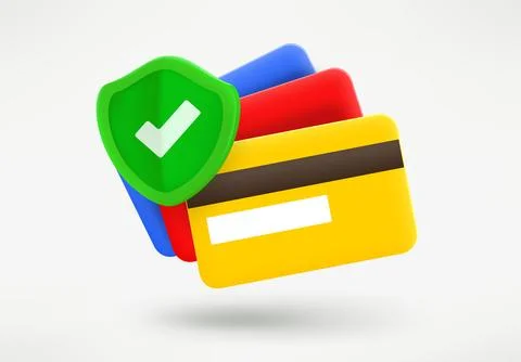 Stack of color plastic cards with guard shield. Ensurance concept. 3d vecto.. Stock-Illustration