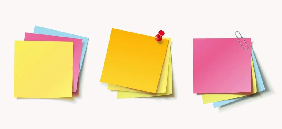 Stack of color stickers attached pushpin and paperclip Stock Illustration