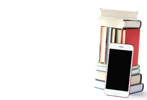 Stack of colored books and mobile phone, Mobile library in smartphone concept Stock Photos