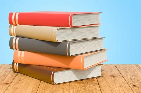Stack of colored books on the wooden planks, 3D rendering 스톡 일러스트