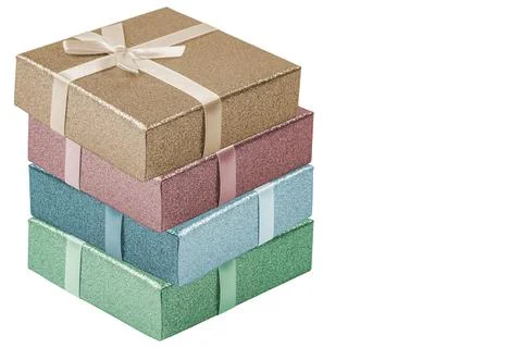 Stack of colored boxes with gifts isolated on white, mockup for advertising b 写真素材