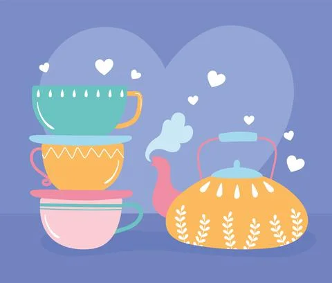 Stack of colored cups and tea pot hot beverage Illustrazione stock