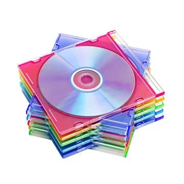 A stack of colored discs a stack of colored DVDs in boxes isolated on whit... Stock Photos