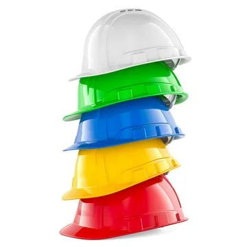 Stack of colored hardhats, 3D rendering Stock Illustration