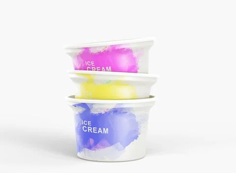 Stack of colored ice cream cups. Realistic set of blank plastic or paper buckets Stock Illustration