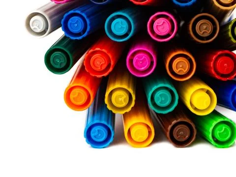 A stack of colored markers on a white background Stock Photos
