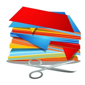 A stack of colored paper and office scissors isolated on white background Stock Illustration