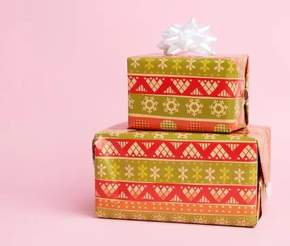 Stack of colored paper wrapped gift boxes. great design for any purposes. Stock Photos