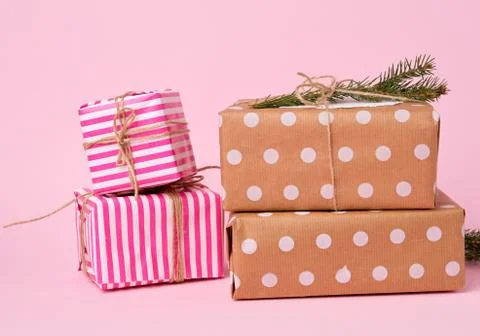 Stack of colored paper wrapped gift boxes. great design for any purposes Stockfoto's