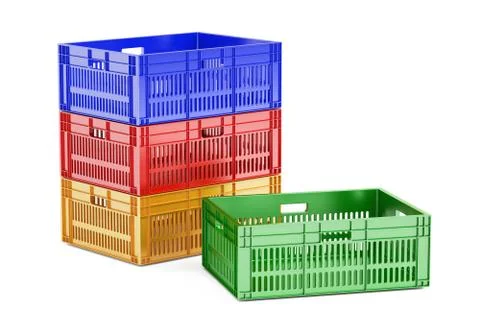 Stack colored plastic crates, 3D rendering Illustrazione stock