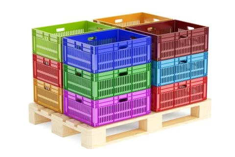 Stack colored plastic crates on the wooden pallet, 3D rendering Illustrazione stock