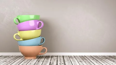 Stack of Colored Porcelain Breakfast Cups on Wooden Floor Against Gray Wall Stock Illustration