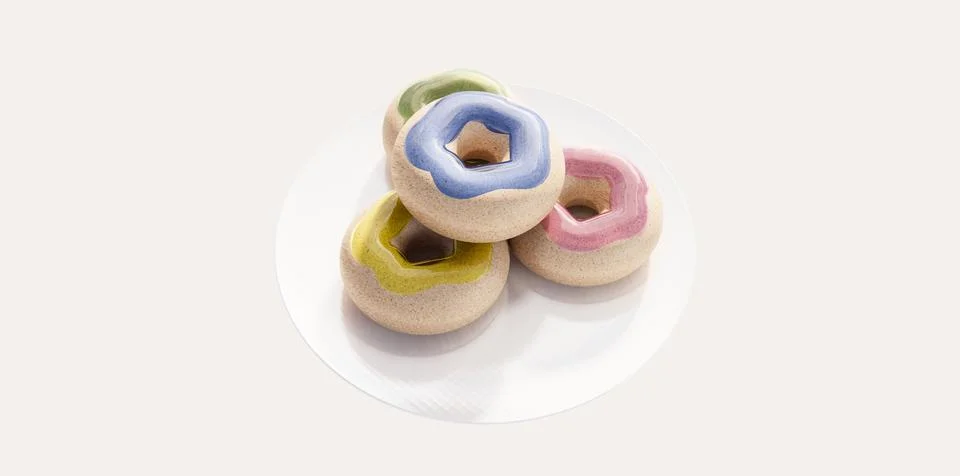 Stack of Colorful 3D Doughnuts with Vibrant Glazes on White Plate Stock Illustration