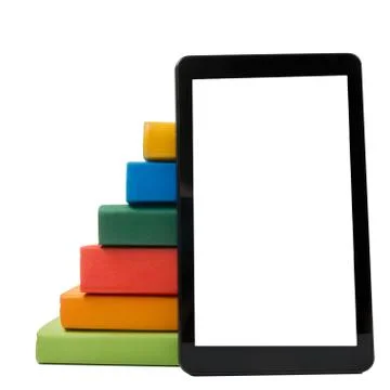 Stack of colorful books and electronic book reader. Electronic library concept Stock Photos
