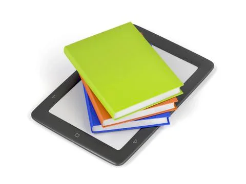 Stack of colorful books on e-book reader Stock Illustration