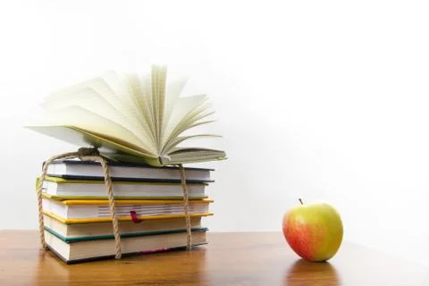 A stack of colorful books, open book Stock Photos