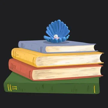 A stack of colorful books with a small seashell on top. In an open shell lies a Stock Illustration