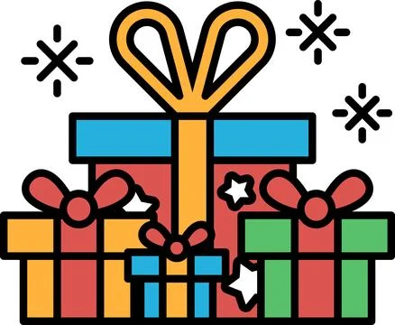 A stack of colorful boxes with a large orange bow on top Illustrazione stock