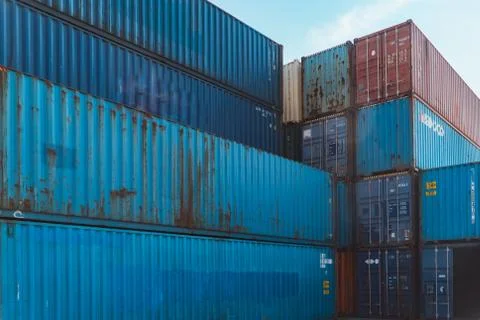 Stack of colorful cargo containers. Importe export shipping concept Stock Photos