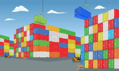 Stack of colorful cargo containers with perspective view. Different colors Stock Illustration