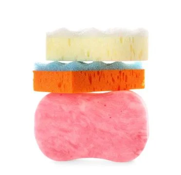 Stack of colorful cleaning sponges with different textures for household chor Fotos de archivo