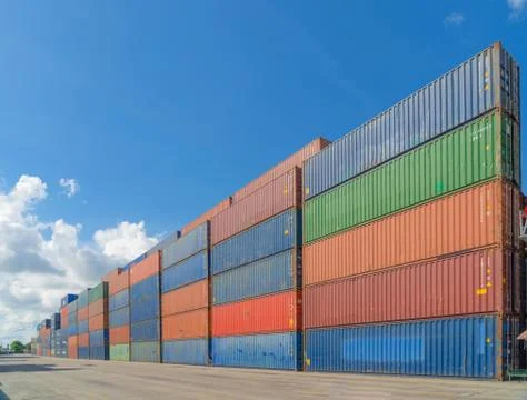 Stack of colorful container cargo ship in the export and import business and  Stock Photos