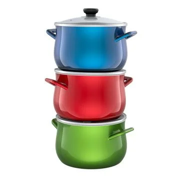 Stack of colorful cooking pots. Blue, red and green glossy cookware. 3D ren.. Illustrazione stock