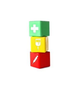 Stack of colorful cubes with icons on white background. Health insurance conc Stock Photos