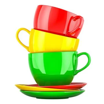 Stack of colorful cups with saucers, 3D rendering Stock Illustration