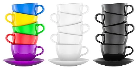 Stack of colorful cups with saucers, white cups and black. 3D rendering Stock Illustration