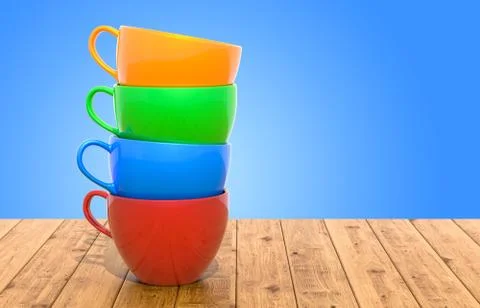 Stack of colorful cups on the wooden table, 3D rendering Stock Illustration