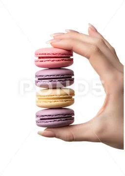 Stack of colorful french macarons held in hand, pastel dessert treats Modello PSD