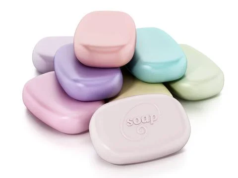 Stack of colorful generic soaps isolated on white background. 3D illustrat... 스톡 사진