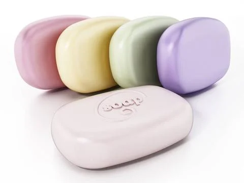 Stack of colorful generic soaps isolated on white background. 3D illustrat... 스톡 사진