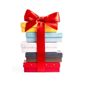 Stack of Colorful Gift Boxes with Red Ribbon and Bow Stock Photos