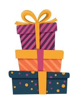 Stack of Colorful Gift Boxes with Ribbons and Bows. Festive flat vector ill.. Stock Illustration