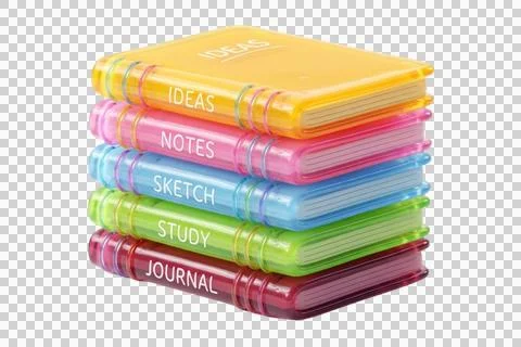 Stack of colorful notebooks on transparent background educational items. Illustrazione stock