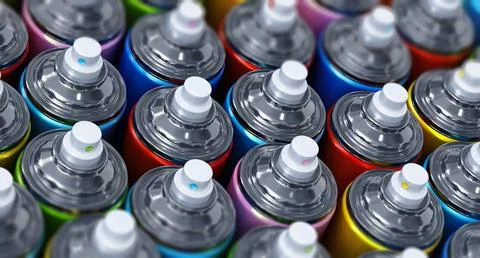 Stack of colorful paint spray bottles. 3D illustration Stockillustratie
