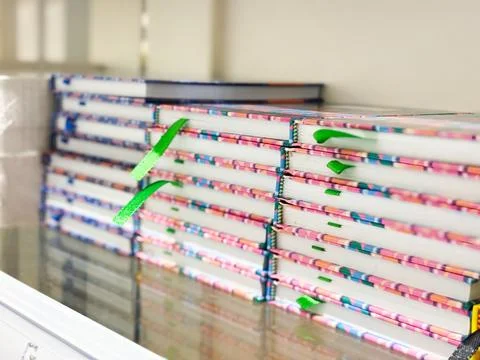 Stack of Colorful Patterned Notebooks with Green Ribbon Bookmarks on a Shelf Stock Photos
