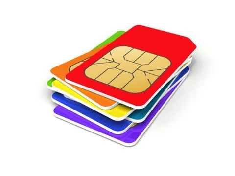 Stack of colorful phone SIM cards isolated on white background. 3d render ill Stock Illustration
