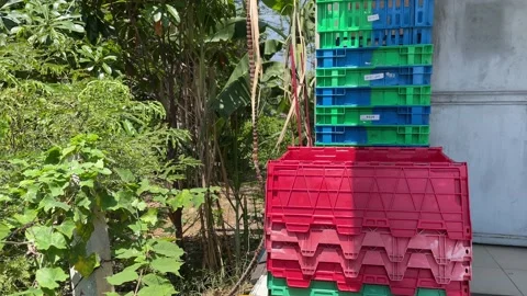 Stack of colorful plastic boxes at convenient store near nature garden sunny day Video stock 206302271