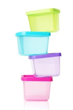 Stack of Colorful Plastic Containers 스톡 사진